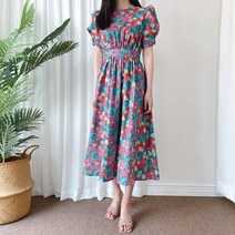 요시아나 [당일발송] 플라워 뒤트임 뒷리본 퍼프소매 롱원피스 -2컬러