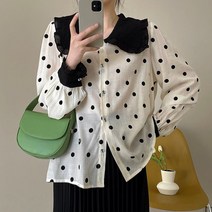여성 봄 여름 블랙 도트 긴팔 쉬폰 블라우스 셔츠