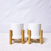 꽃피우는청년 소형 무광 원형 세라믹 화분 2p + 우드스탠드 2P 세트 (11x11cm), 화이트+화이트+우드스탠드x2