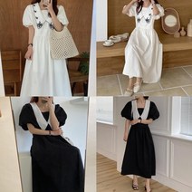 베이비돌 20 30대 여자 미시옷 55 66사이즈 데일리룩 예쁜 편안 제주도 여행룩 봄 여름 반팔 화이트 흰색 결혼식 하객룩 빅카라 맥시 퍼프소매 롱원피스 트윈룩