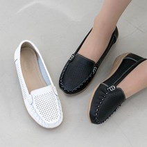 천연소가죽 여성 발 편한 펀칭 슬립온 봄 여름 쿠션 단화 로퍼 중년 엄마 할머니 미끄럼방지 신발 블랙 화이트 4cm