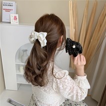 블랙 화이트 트위드 리본 진주 바나나핀 2종 세트
