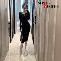 SPRING ABSINTHE여성스러운 보디라인 긴팔 슬림 원피스 힙스터 엘레강스 니트 이너 롱스커트