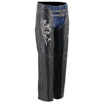 밀워키 Leather Chaps 여성용 블랙 로우 라이즈 허리 - 더블 버클 반사 자수 오토바이 챕 ML1187-2XS, Blk/Pnk