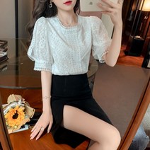 펀칭블라우스 자수 레이스 아일렛 여자 벌룬 브라우스 예쁜 빅사이즈 반팔 셔링 쉬폰 빅카라 셔츠
