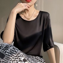 여름블라우스 실키 블랙 실크 반팔 탑 라운드 넥 루즈 새틴 글로시 미드 슬리브 쉬폰 셔츠 하프 나일론
