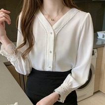 명티플 여성 가을 패셔너블한 브이넥 블라우스 와이드 날씬해 보이는 레이스 패치 쉬폰 블라우스 여 블라우스tpul3040