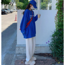 vsyoy 소금 정장 여학생 한국 느슨한 봄과 가을 새로운 게으른 스웨트 셔츠 캐주얼 다리 넓은 다리 바지 투피스 세트