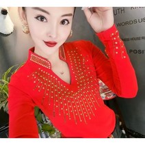 SAMARA 큐빅 브이넥 카라 스판 티셔츠 긴팔