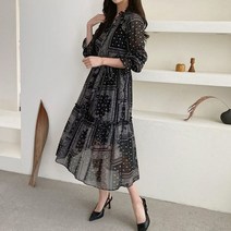 삐까삐까 봄나들이 페이즐리 나염 허리밴드 쉬폰 롱 원피스