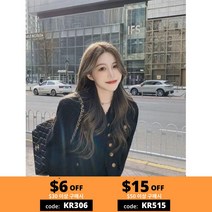 트위드 자켓 하객룩 Kumikumi-우아한 블랙 트위드 짧은 코트 가을 서양식 느슨한 슬리밍 다목적 기질 여성용 상의
