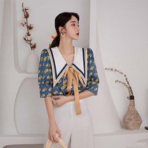 Makone 하트 패턴 빅카라 리본 퍼프 벌룬 소매 엣지 셔츠 볼륨 하객 블라우스 ~77