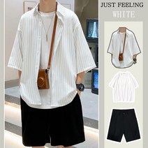 JUST FEEL!NG 루즈핏/반팔 셔츠+반바지+화이트 반바지/3피스/상하세트/남성/여성/커플룩