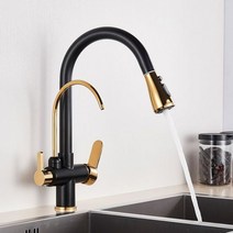 싱크대 주방 시공 셀프 설치 수전 수도 꼭지 교체 uythner waterfilter taps 듀얼 핸들 데크 장착 믹서 탭 360도 회전 정수 기능 크레인, 옵션.02 Black with Gold_옵션.01 CH