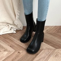 [바보사랑] 여자 미들힐 둥근코 지퍼 인조가죽 워커힐 부츠