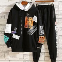남성용 블랙 스웨트 팬츠 후디 스웻수트 2 피스 운동복세트