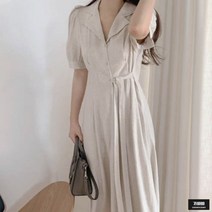 가바바 여성 셔츠원피스 시원한 린넨 플레어 브이넥 벌룬소매 롱원피스 G53899