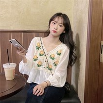 크로셰블라우스 자수 플라워 니트 뜨개 쉬폰 블라우스 루즈핏