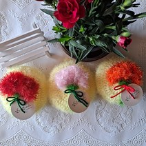 하니손뜨개 핸드메이드 카네이션 (선물포장 포함) 호빵수세미 어버이날 스승의날 감사의마음 선물, 연노랑, 빨강