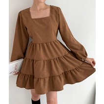 66-110 코듀로이 골덴 스퀘어넥 퍼프소매 미니 프릴 캉캉 캐쥬얼 원피스(2C)