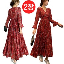 리더퀸 2-O-47 여성원피스 레드 2장 루즈핏 플라워 쉬폰 원피스 긴팔원피스 미디원피스 긴팔 롱원피스