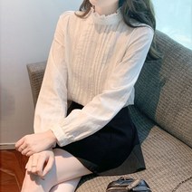 오즈 프릴 하이넥 긴팔 면 블라우스