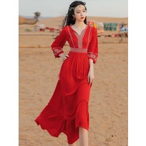 Btcow 빨간 드레스 여름 여성 긴팔 여행 착용 사막 드레스 사진 비치 드레스 해변 휴가 슈퍼 요정