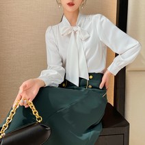 ANYOU 여성 긴팔 리본 셔츠 가을 모던 스타일 쉬폰블라우스