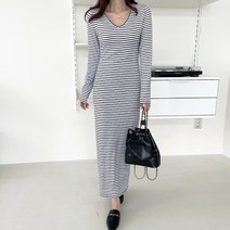 세이스타일 커빈 긴팔 슬림 V넥 H롱 원피스