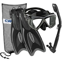 Cressi Italian Design 파노라마 뷰 강화 유리 렌즈 스노클 마스크 드라이 팔라우 롱 스노클링 핀 세트 휴대용 가방 포함 남성 및 여성용 USA 미국, Blue