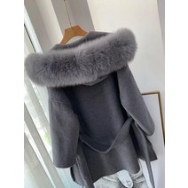 유럽 ​​​​고급 여성 리얼 캐시미어 모피 울 혼방 코트 리얼 폭스 모피 후드 카디건 모직 겉옷 casacos de pele