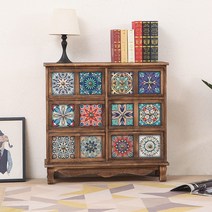 레트로 서랍장 나비장 타일 무늬 호두 3단 엔틱 나무, 볶은 색의 버킷 10개(라이트 패턴)