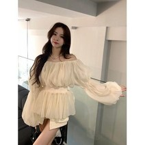 오프숄더 쉬폰 셔링 A라인 프릴 블라우스 오버핏 하늘하늘 벌룬 샤랄라 보세 수입 SY