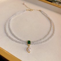 실버 목걸이 와이프생일선물 50대 엄마 갑상선 학생 여자친구 에메랄드 광장 상감 진주 목걸이를 착용하는 더블 레이어 패션 복고풍 초커 기질