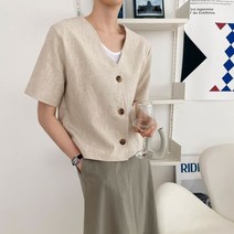 베이직 브이 노카라 린넨 반팔 자켓
