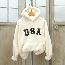 이힝 USA 레터링 뽀글 후리스 후드티