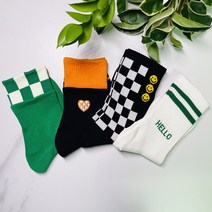 마이워니 여성용 골프 중목 양말 4켤레, 체크그린,체크블랙,하트,Hello