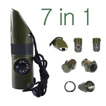 7in1 비상 생존 휘슬 나침반 다기능 도구 돋보기 손전등 보관 용기 온도계 캠핑 하이킹용, 육군 녹색