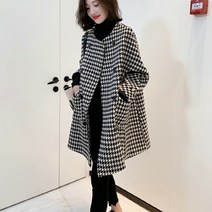 유러피안 노카라 하운드투스 체크 모직 하프 코트