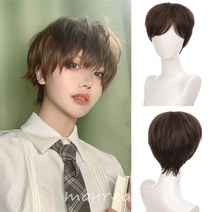 가발수선 가발회사 조커가발 엘사가발 흑인머리 히피펌가발 로제머리 인스타셀럽 탈색가발 탈색붙임머리 Ailiade 블랙 남성용 가발 짧은 스트레이트 앞머리 12 남성용 합성 148, P1B30