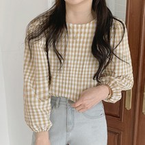 여성 상의 셔츠 고방체크 벌룬소매 봄나들이 2컬러 체크 러블리 블라우스