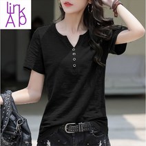 링크어패럴 여성 시원한 여름 브이넥 반팔 티셔츠 단추장식 얇은 반팔티