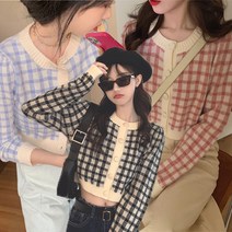 (주)니유컴퍼니 킹엄체크 라운드넥 크롭 봄 가을 가디건