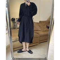 KORELAN 유행 기질 작은 스탠드 칼라 넥타이 셔츠 스커트 느슨한 실루엣 허리 드레이프 드레스 여성