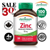 캐나다 국민 브랜드 1등 자미에슨 최대 60% 아연 10mg 100정 Jamieson ZINC 10mg 100 Tabldts 면역 체계 지원 건강한 피부 유지, 10mg x 100정 - 4병