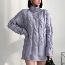 뜨개진 여성용 루즈핏 도톰 꽈배기 터틀넥 미니 니트 뉴트 원피스