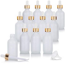 2 oz Frosted Clear Glass Boston Round Bottle with Gold Metal and Glass Dropper (12 pack) + Funnel fo, 2 Ounce, 60 ml