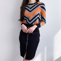 요시아나 [당일발송] 지그재그 패턴 오렌지배색 블랙 니트 투피스