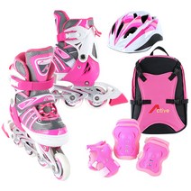 [인라인세트] 사이즈 조절형 아동용 발광바퀴 인라인 스케이트 헬멧 보호대 가방, 에이스 핑크
