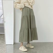 로아 루즈핏 밴딩 캉캉 린넨 플레어 롱 스커트